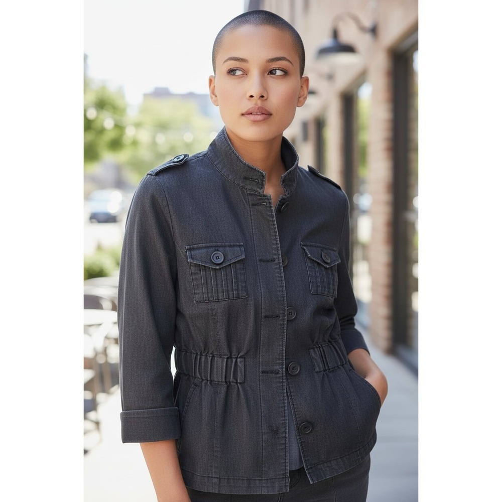 Larry Levine Stretch Womens Utility Jacket Gray Cinched Waist Military Coat M
